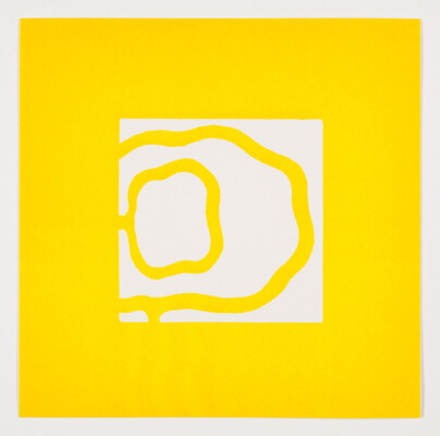 A color print of a white square with thick, circular wavy yellow lines on a yellow background.