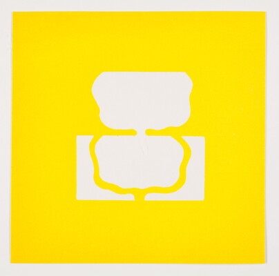 A color print of abstract, tree-like shapes: on the top, a white shape on yellow, and on the bottom, a yellow outline on white.