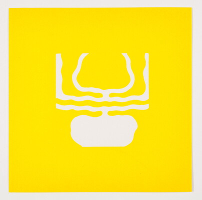 A color print of an abstract, almost round white shape under wavy white lines that curve up on a yellow background.