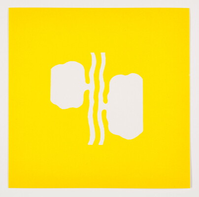 A color print of abstract white shapes that almost look like kidneys attached to two vertical wavy white lines on a yellow background.