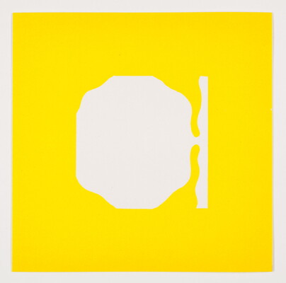 A color print of an abstract, tree-like white shape connected to a vertical, wavy white line at the right edge on a yellow background.