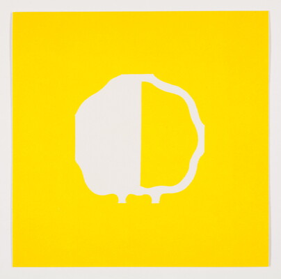 A color print of an abstract, almost round shape outlined in white, the left half white and the right half yellow, all on a yellow background.