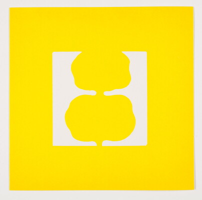 A color print of two tree-like yellow shapes stacked on top of each other inside of a white rectangle all on a yellow background.