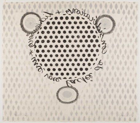 An abstract black-and-white print of a circle made up of polka surrounded by cursive handwriting on a light gray diamond pattern.