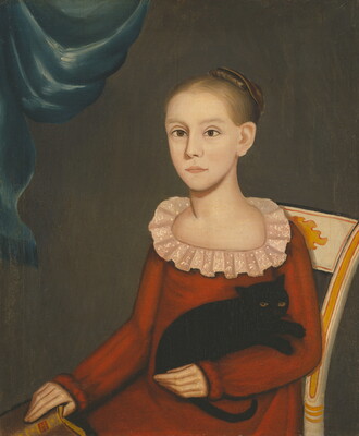 An oil painting of a young girl cradling a black cat and holding an open book on her lap.
