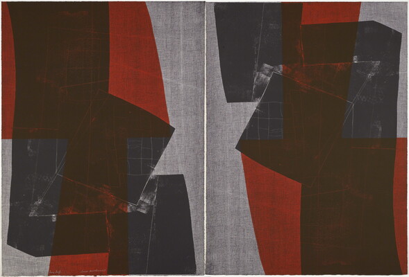 Two side-by-side abstract color prints of layered black and red transparent squares on a gray background.