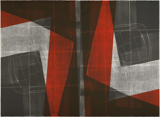 An abstract, geometric print in red, black, and gray.