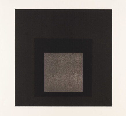 An abstract color print of three squares nested from largest to smallest in brown, dark brown, tan.