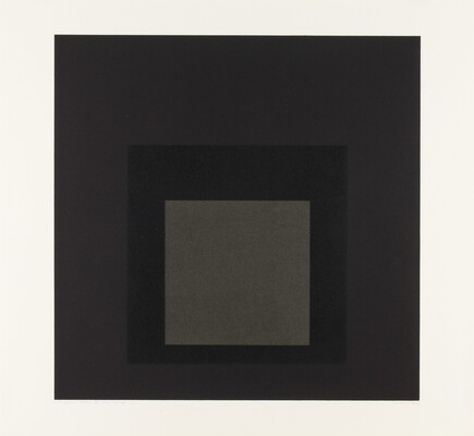 An abstract color print of three squares nested from largest to smallest in brown, dark brown, light brown.