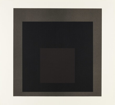 An abstract color print of three squares nested from largest to smallest in light brown, dark brown, brown.