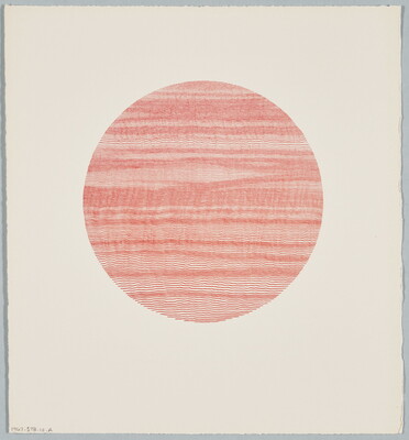 An abstract color print of a red circle made up of wavy red lines of varying thicknesses.