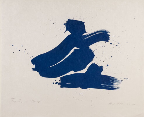 An abstract color print of fluid blue brushstrokes and drips extending diagonally and horizontally at center.