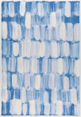 An abstract print of white irregular ovals patterned against a blue background.