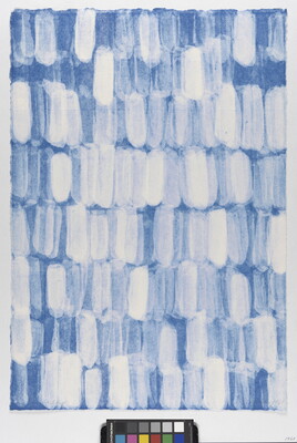 An abstract print of white irregular ovals patterned against a blue background.
