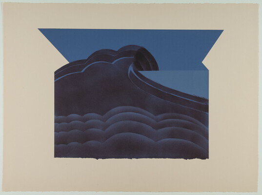 An abstract color print of dark blue, wave-like forms in an anvil-shaped form.