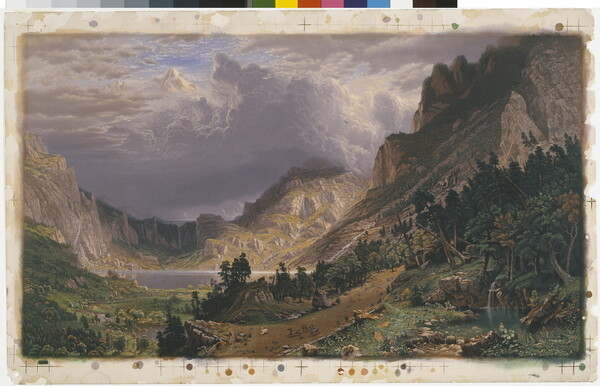 A color print of a storm coming over a treacherous mountain valley filled with large rock formations, lush greenery, and a lake.
