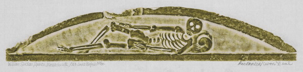 A stone rubbing on paper of a reclining skeleton in a half oval shape.<br />