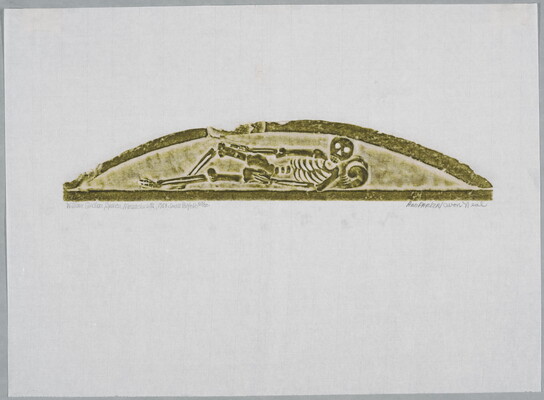A stone rubbing on paper of a reclining skeleton in a half oval shape.<br />