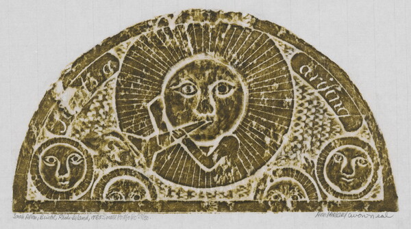 A monochromatic print of a tomb rubbing of a sun with a face surrounded by rays, blowing a horn, four other circular faces below.<br />