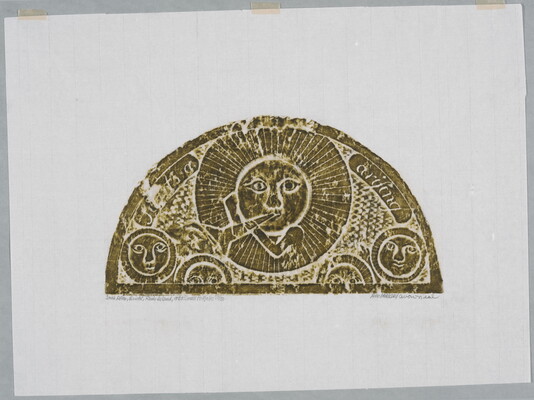 A monochromatic print of a tomb rubbing of a sun with a face surrounded by rays, blowing a horn, four other circular faces below.<br />