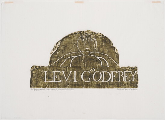 A monochromatic print of a tomb rubbing of a stylized face and torso above text that reads "LEVI GODFREY."<br />