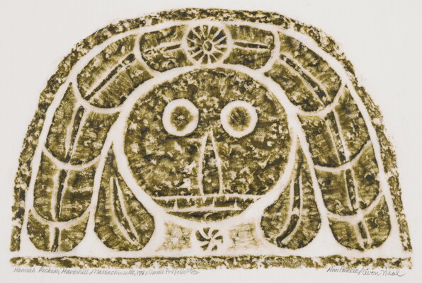A monochromatic print of a tomb rubbing of a stylized round face under an arc of hair.<br />