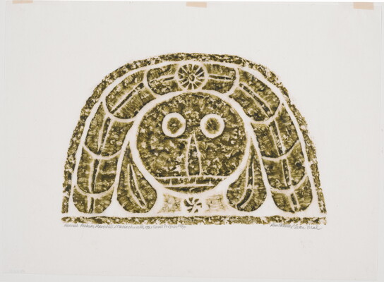 A monochromatic print of a tomb rubbing of a stylized round face under an arc of hair.<br />