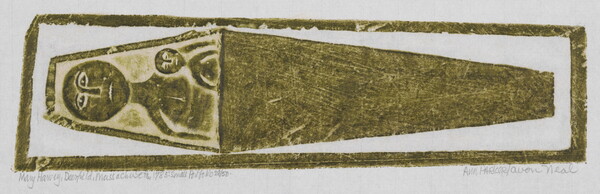 A monochromatic print of a tomb rubbing of two stylized figures, one large, one small, in a coffin as viewed from above.<br />