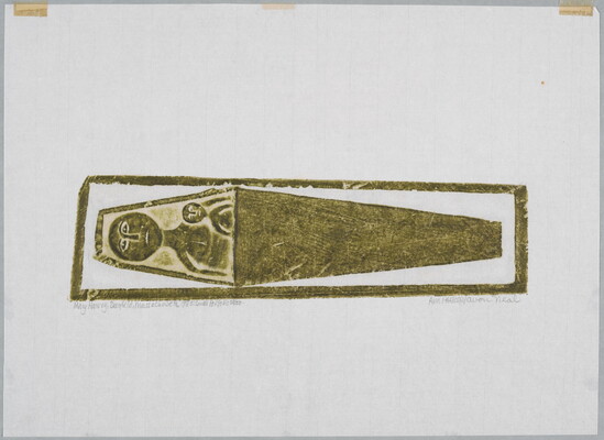 A monochromatic print of a tomb rubbing of two stylized figures, one large, one small, in a coffin as viewed from above.<br />