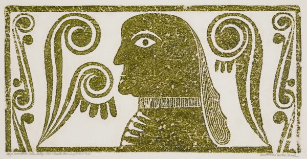 A monochromatic print of a tomb rubbing of a stylized figure in profile surrounded by swirling forms.