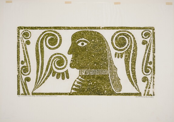 A monochromatic print of a tomb rubbing of a stylized figure in profile surrounded by swirling forms.