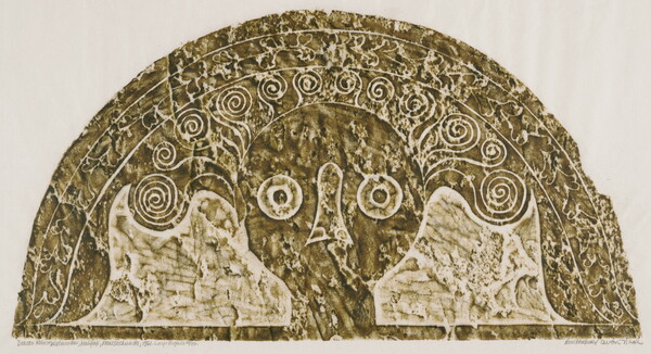 A monochromatic print of a tomb rubbing of a stylized face with swirls emerging from their head, all within a semi-circle.
