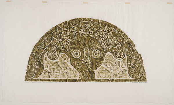 A monochromatic print of a tomb rubbing of a stylized face with swirls emerging from their head, all within a semi-circle.