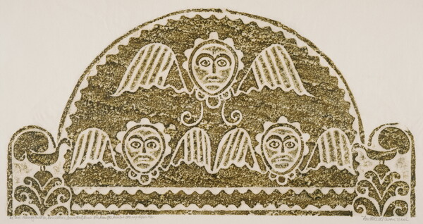 A monochromatic print of a tomb rubbing of three stylized faces with wings protruding from their sides within a semi-circle.