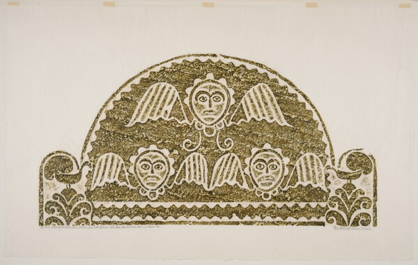 A monochromatic print of a tomb rubbing of three stylized faces with wings protruding from their sides within a semi-circle.