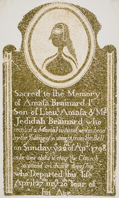 A color print of a tomb rubbing in olive green showing an inscription beneath an image of a stylized figure in profile with long hair.
