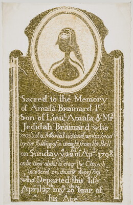 A color print of a tomb rubbing in olive green showing an inscription beneath an image of a stylized figure in profile with long hair.