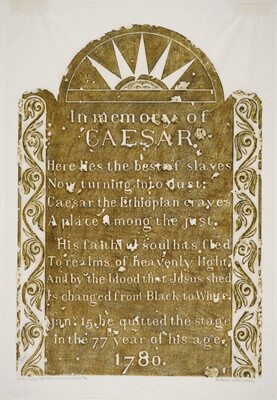 A color print of a tomb rubbing of an inscription "In memory of Caesar."