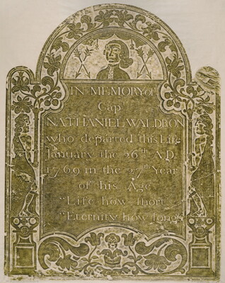 A color print of a tomb rubbing in olive green showing an inscription surrounded by botanic scrollwork motifs and three human figures.