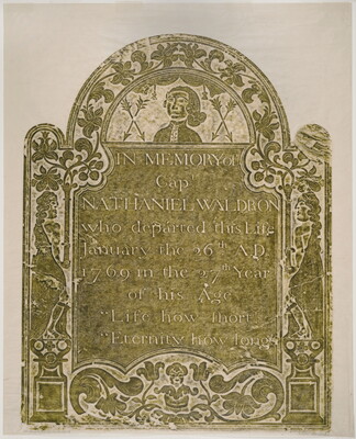 A color print of a tomb rubbing in olive green showing an inscription surrounded by botanic scrollwork motifs and three human figures.