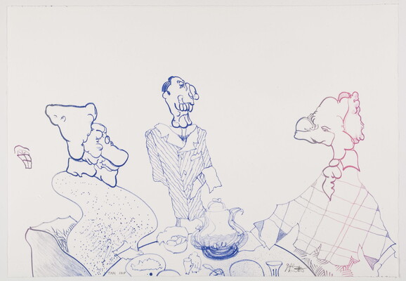 A color print of illustrations in blue and pink of cartoon-like figures seated around a table.