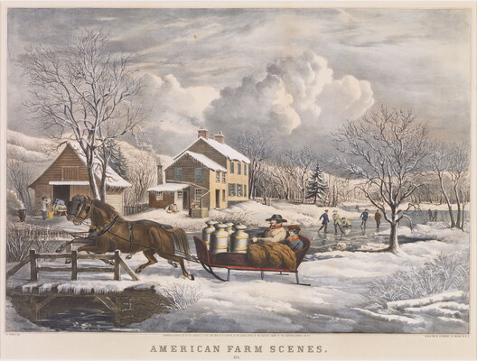 A color print of a horse-drawn sleigh crossing a snowy bridge, people playing on an icy pond, and farmhouses in the background.