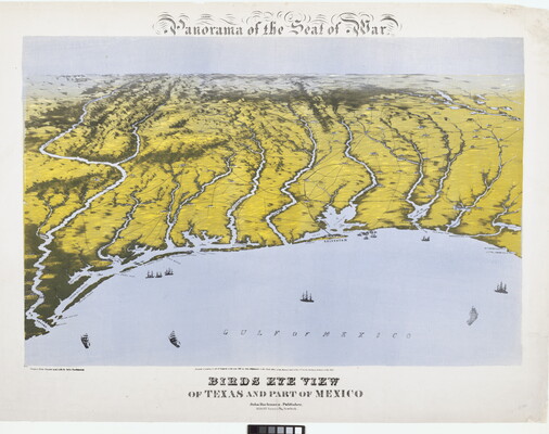 A print of a bird's eye view of the shoreline of Texas and Mexico, with the land in shades of green and yellow and small black boats in the light blue Gulf of Mexico.