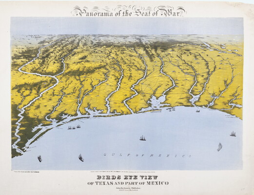 A print of a bird's eye view of the shoreline of Texas and Mexico, with the land in shades of green and yellow and small black boats in the light blue Gulf of Mexico.