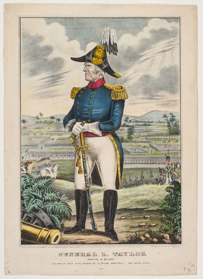 A color print of an older White man in a tricorn hat and full soldier regalia, hands resting on a sword, standing above a field of soldiers.