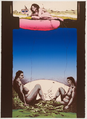 A color print showing, from the top down, an illustration of nude woman lounging on a large penis above two seated nude women who appear to be leaning against the borders of the print.