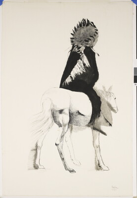A black-and-white ink drawing of an Indigenous person wearing a headdress riding away from the viewer on a horse.