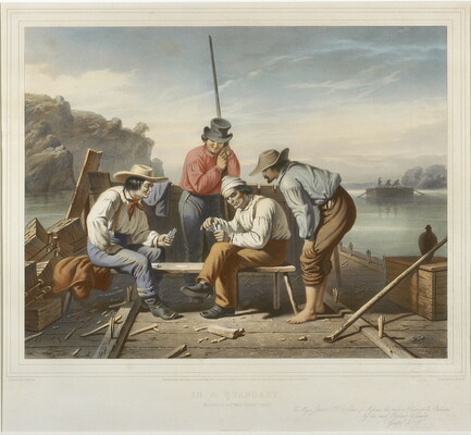 A color print of four men playing cards on a flatboat on a river.