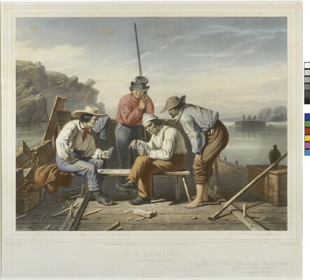 A color print of four men playing cards on a flatboat on a river.