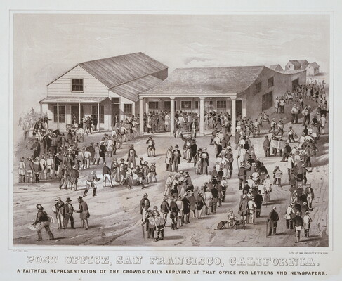 A black-and-white print showing a crowd of people in various lines outside a single-story, clapboard building.